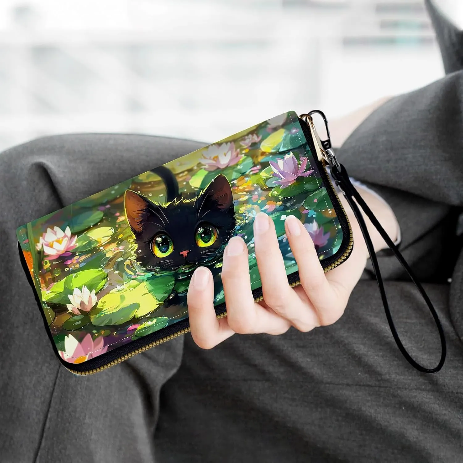 Ladies Wallet,Clutch Purses for Women Wallets Leather Credit Card Holder for Women Wristlet Slim Small Cute with Zipper,Thin RFID Blocking with Wrist Strap,Cute Cat Lotus