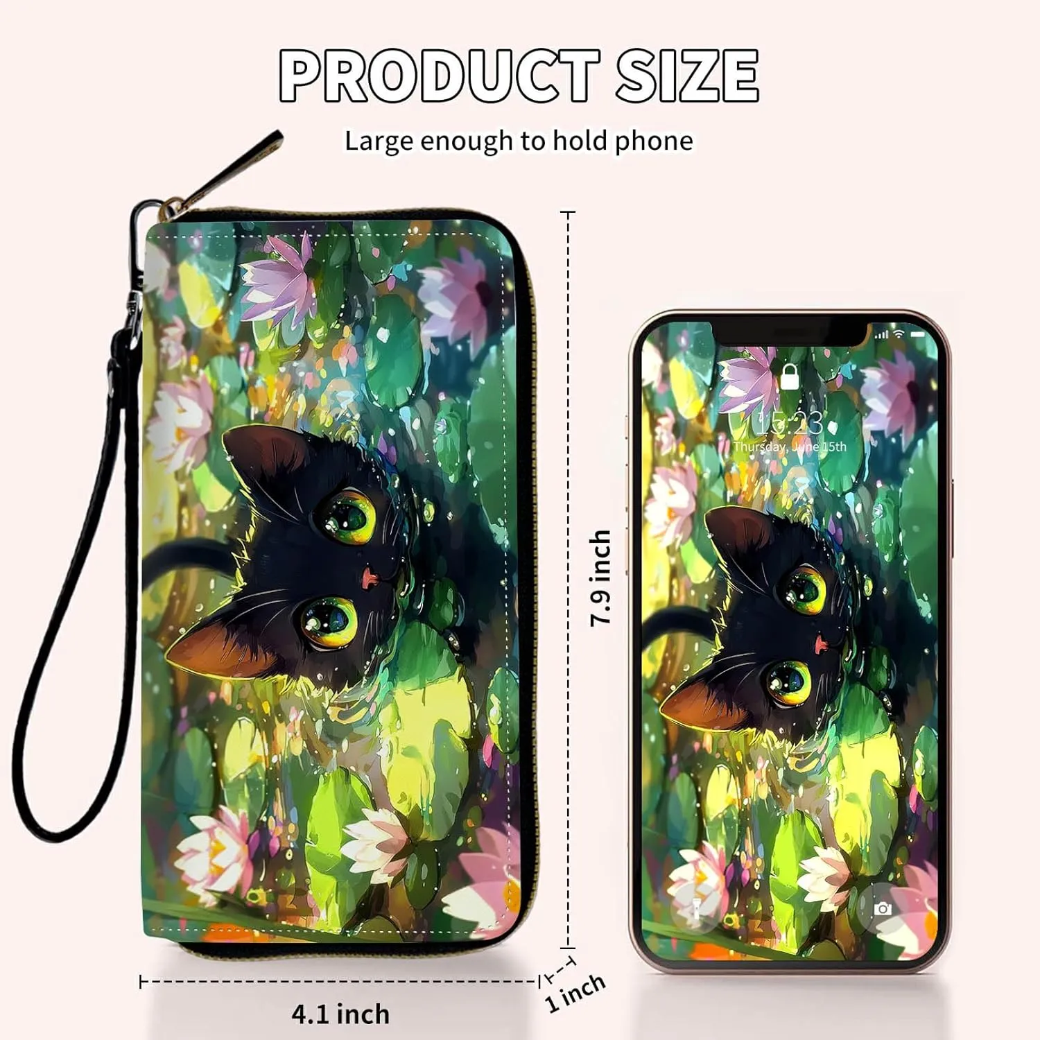 Ladies Wallet,Clutch Purses for Women Wallets Leather Credit Card Holder for Women Wristlet Slim Small Cute with Zipper,Thin RFID Blocking with Wrist Strap,Cute Cat Lotus