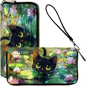 Ladies Wallet,Clutch Purses for Women Wallets Leather Credit Card Holder for Women Wristlet Slim Small Cute with Zipper,Thin RFID Blocking with Wrist Strap,Cute Cat Lotus