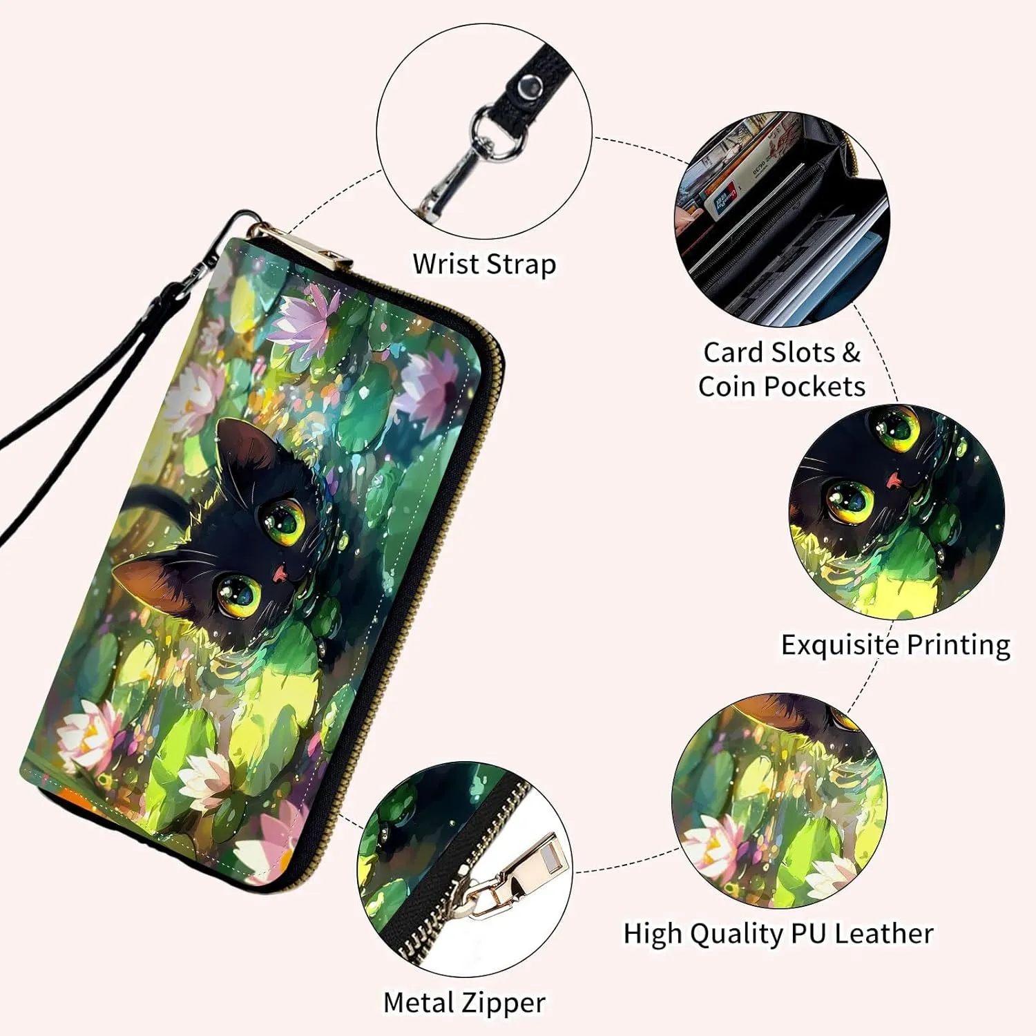 Ladies Wallet,Clutch Purses for Women Wallets Leather Credit Card Holder for Women Wristlet Slim Small Cute with Zipper,Thin RFID Blocking with Wrist Strap,Cute Cat Lotus