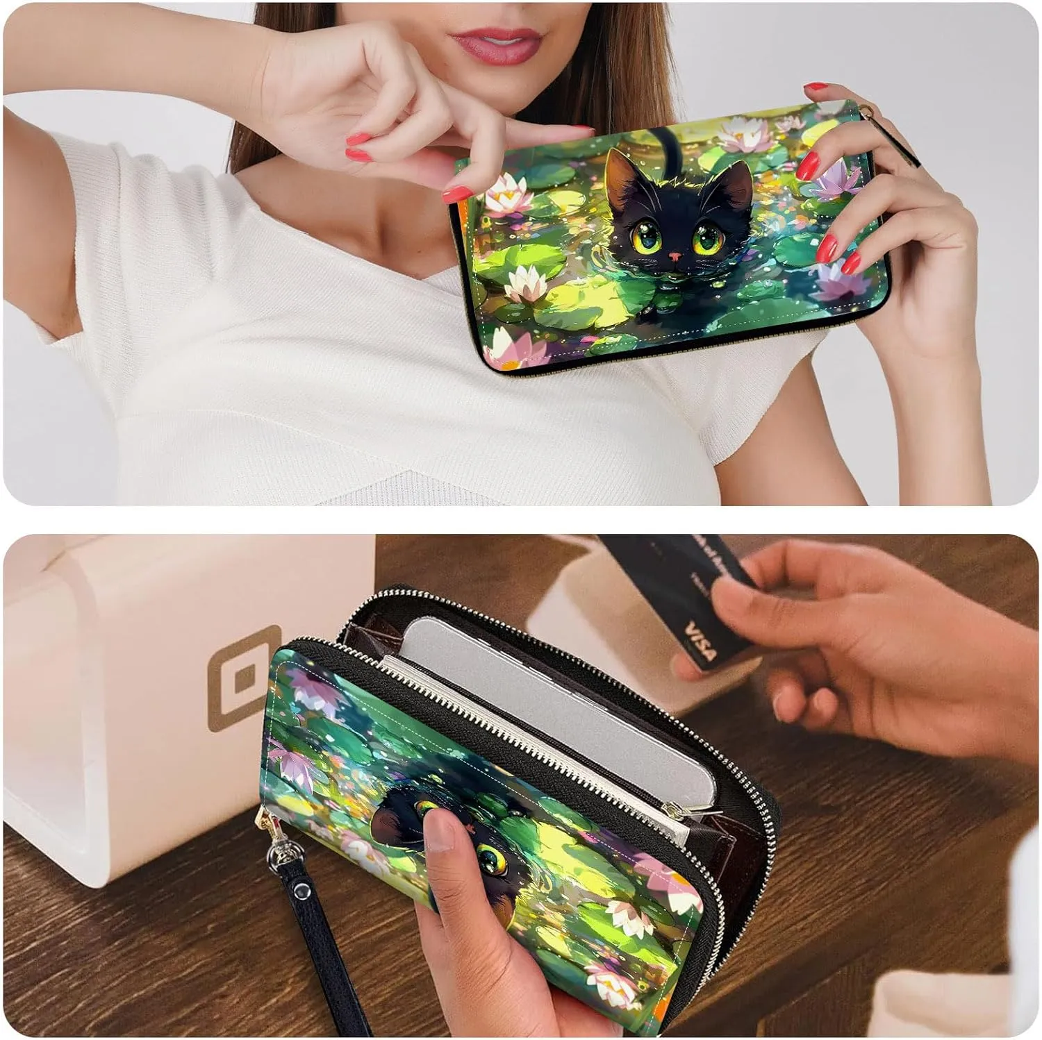 Ladies Wallet,Clutch Purses for Women Wallets Leather Credit Card Holder for Women Wristlet Slim Small Cute with Zipper,Thin RFID Blocking with Wrist Strap,Cute Cat Lotus