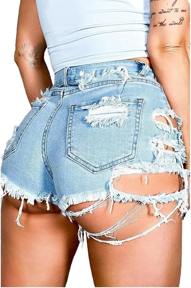 LAFOURAM Womens Ripped Jean Shorts High Waisted Denim Distressed Trendy Raw Sexy Hot Pants