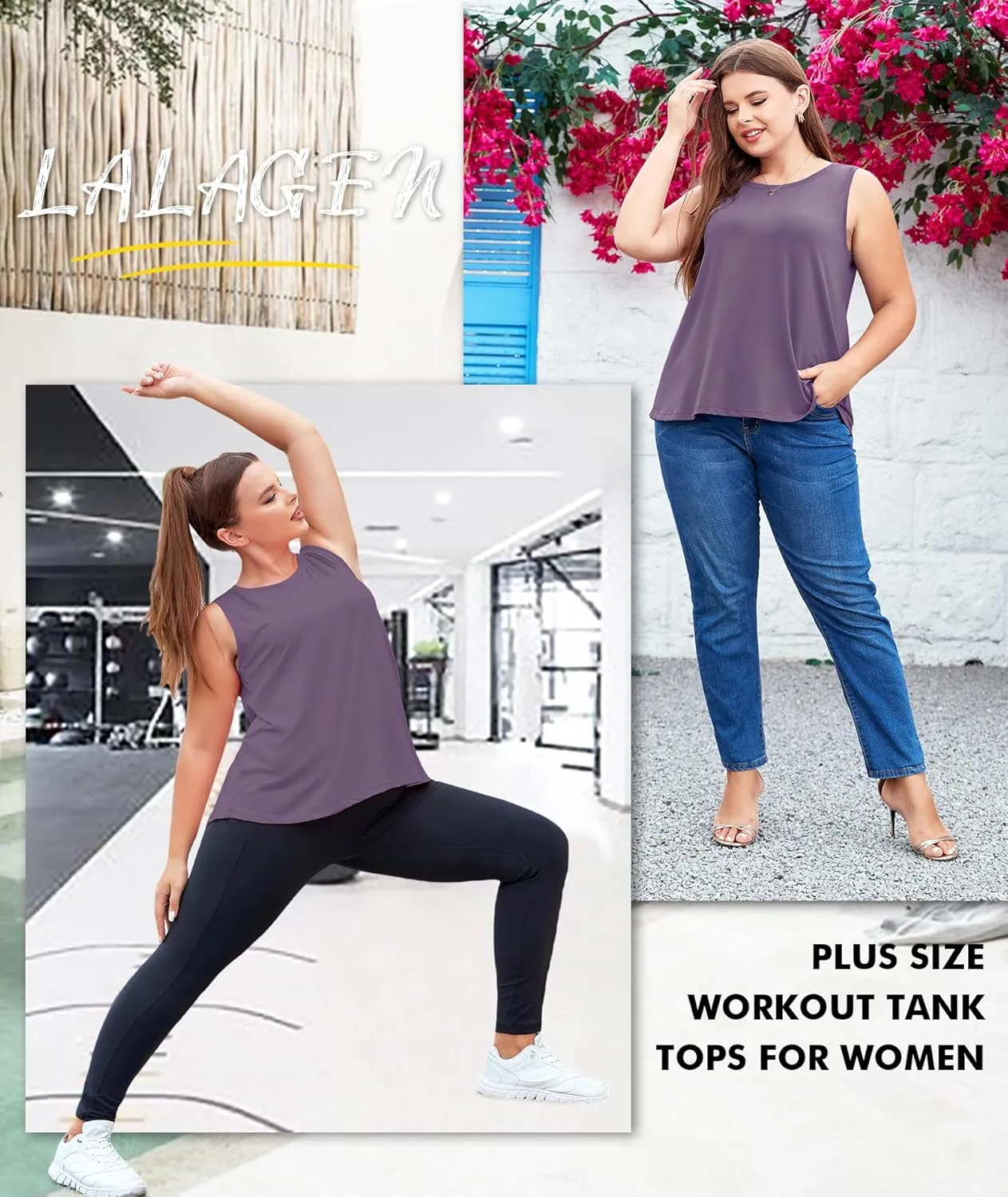 LALAGEN Plus Size Womens Workout Tank Tops Sleeveless Summer Loose Fit Flowy Yoga Athletic Running Shirts