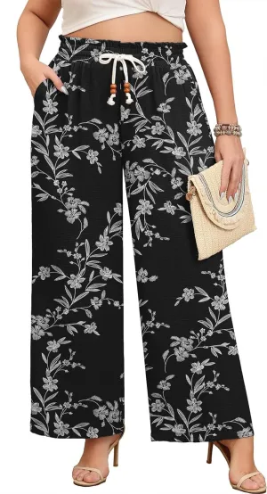 Lastshe Plus Size Wide Leg Pants for Women Elastic High Waisted Drawstring Loose Lounge Long Palazzo Trousers with Pockets