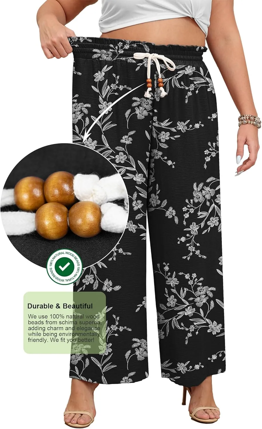 Lastshe Plus Size Wide Leg Pants for Women Elastic High Waisted Drawstring Loose Lounge Long Palazzo Trousers with Pockets