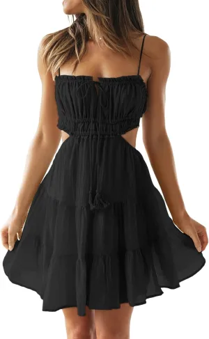 LILLUSORY Women Spaghetti Strap Cut Out Mini Sundress Backless Cottagecore Casual Flowy Short Beach 2024 Summer Dresses