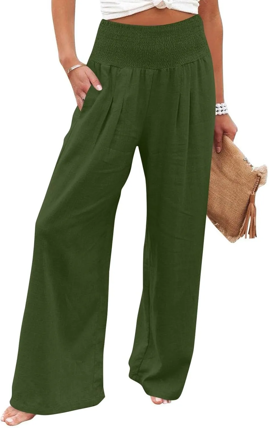 Linen Beach Pants Women Summer High Waist Palazzo Pants Smocked Wide Leg Pant Flowy Trousers with Pockets