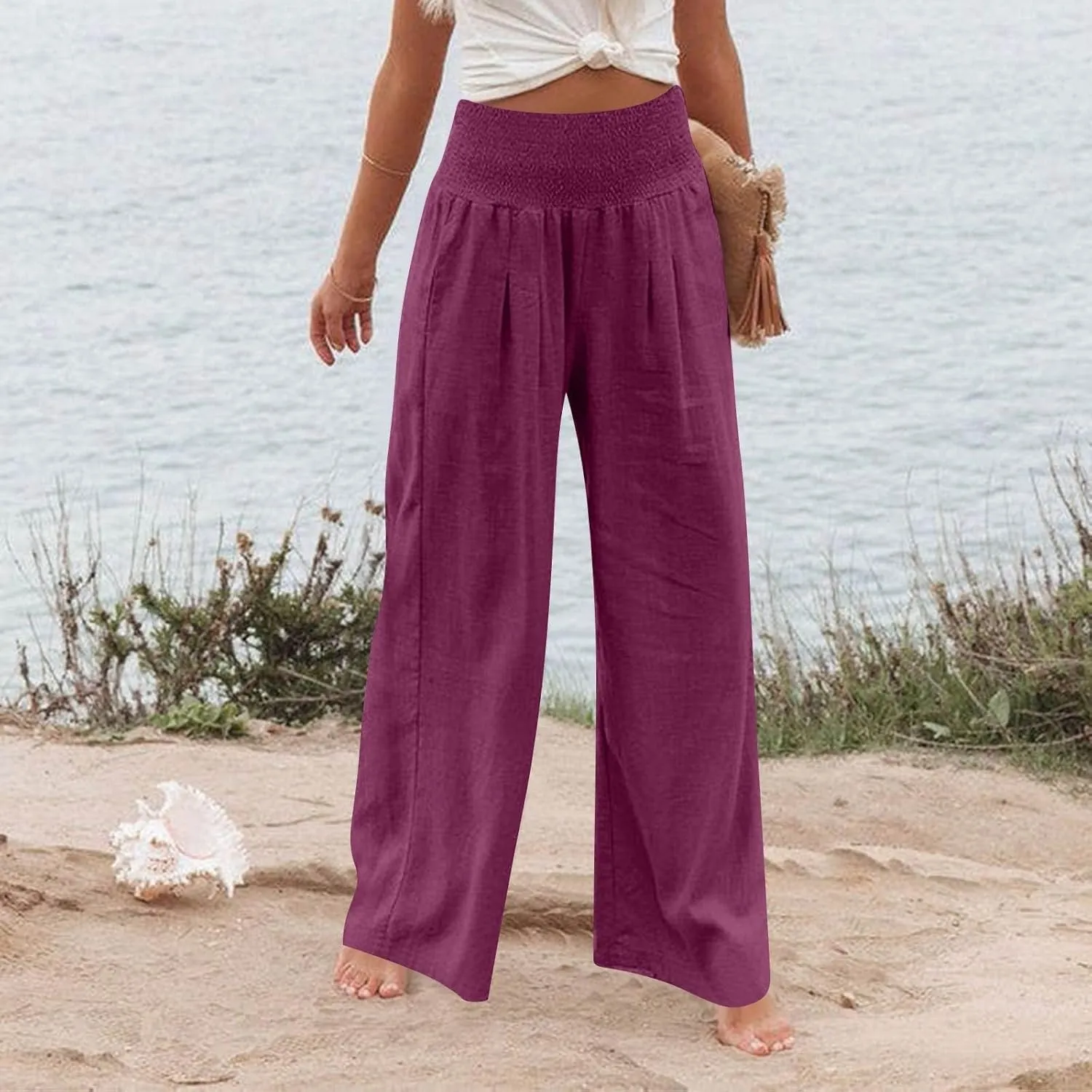 Linen Beach Pants Women Summer High Waist Palazzo Pants Smocked Wide Leg Pant Flowy Trousers with Pockets