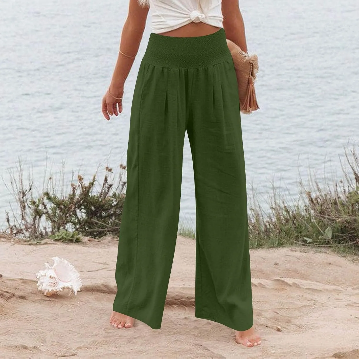 Linen Beach Pants Women Summer High Waist Palazzo Pants Smocked Wide Leg Pant Flowy Trousers with Pockets