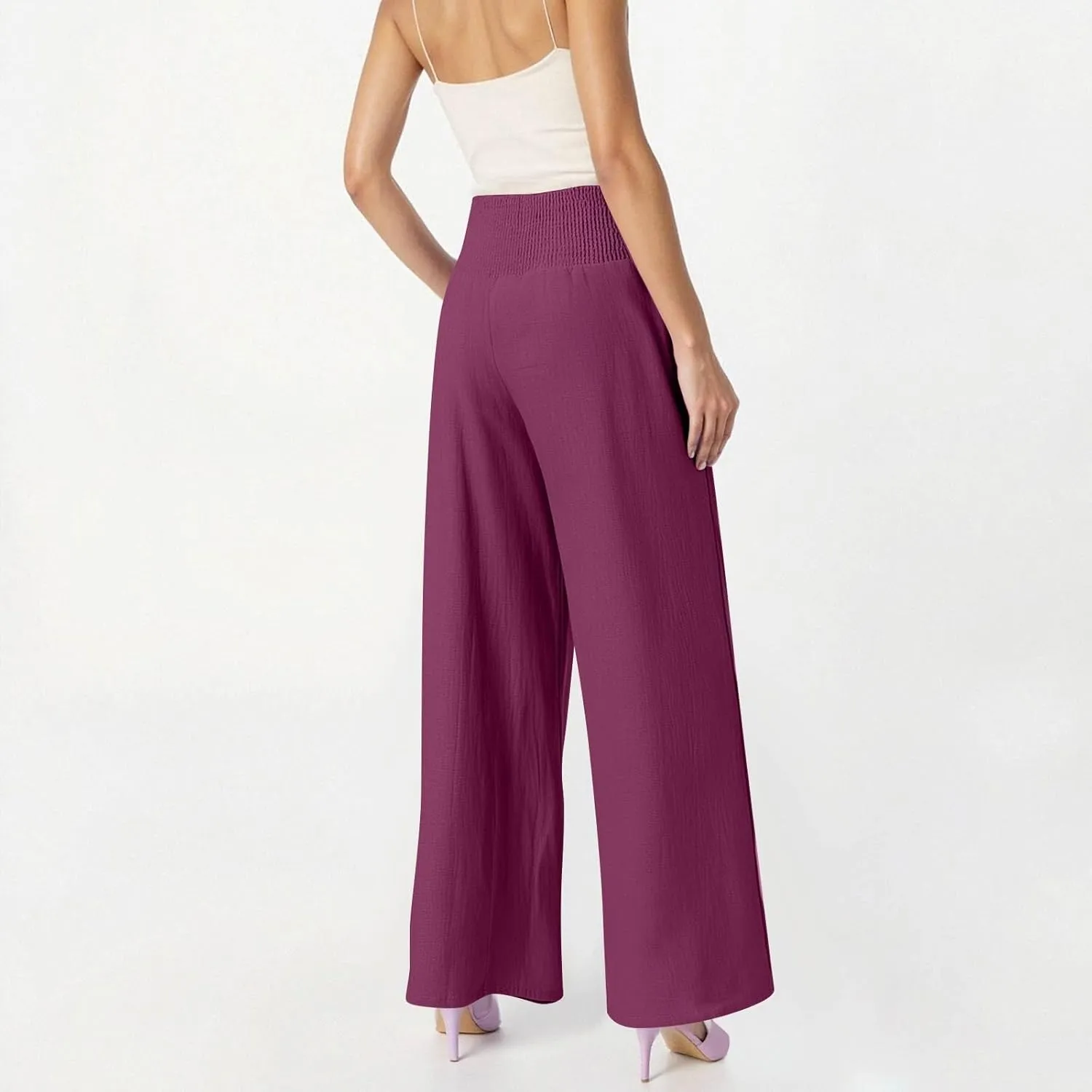 Linen Beach Pants Women Summer High Waist Palazzo Pants Smocked Wide Leg Pant Flowy Trousers with Pockets