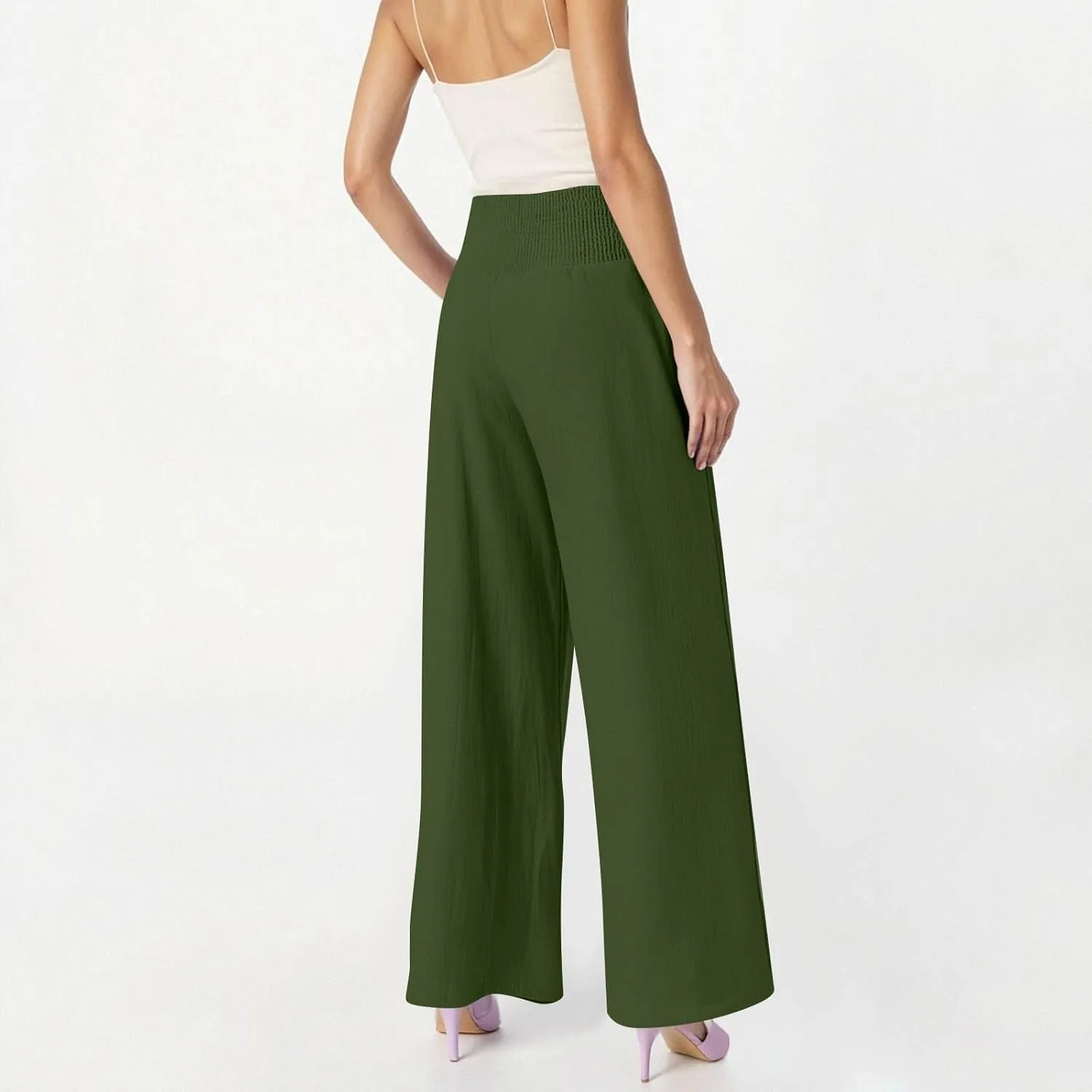 Linen Beach Pants Women Summer High Waist Palazzo Pants Smocked Wide Leg Pant Flowy Trousers with Pockets