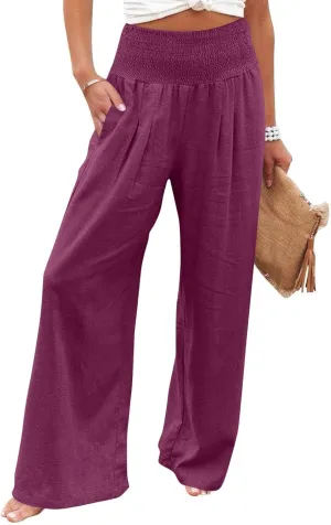 Linen Beach Pants Women Summer High Waist Palazzo Pants Smocked Wide Leg Pant Flowy Trousers with Pockets