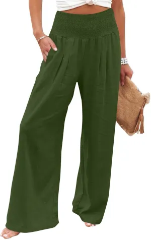 Linen Beach Pants Women Summer High Waist Palazzo Pants Smocked Wide Leg Pant Flowy Trousers with Pockets