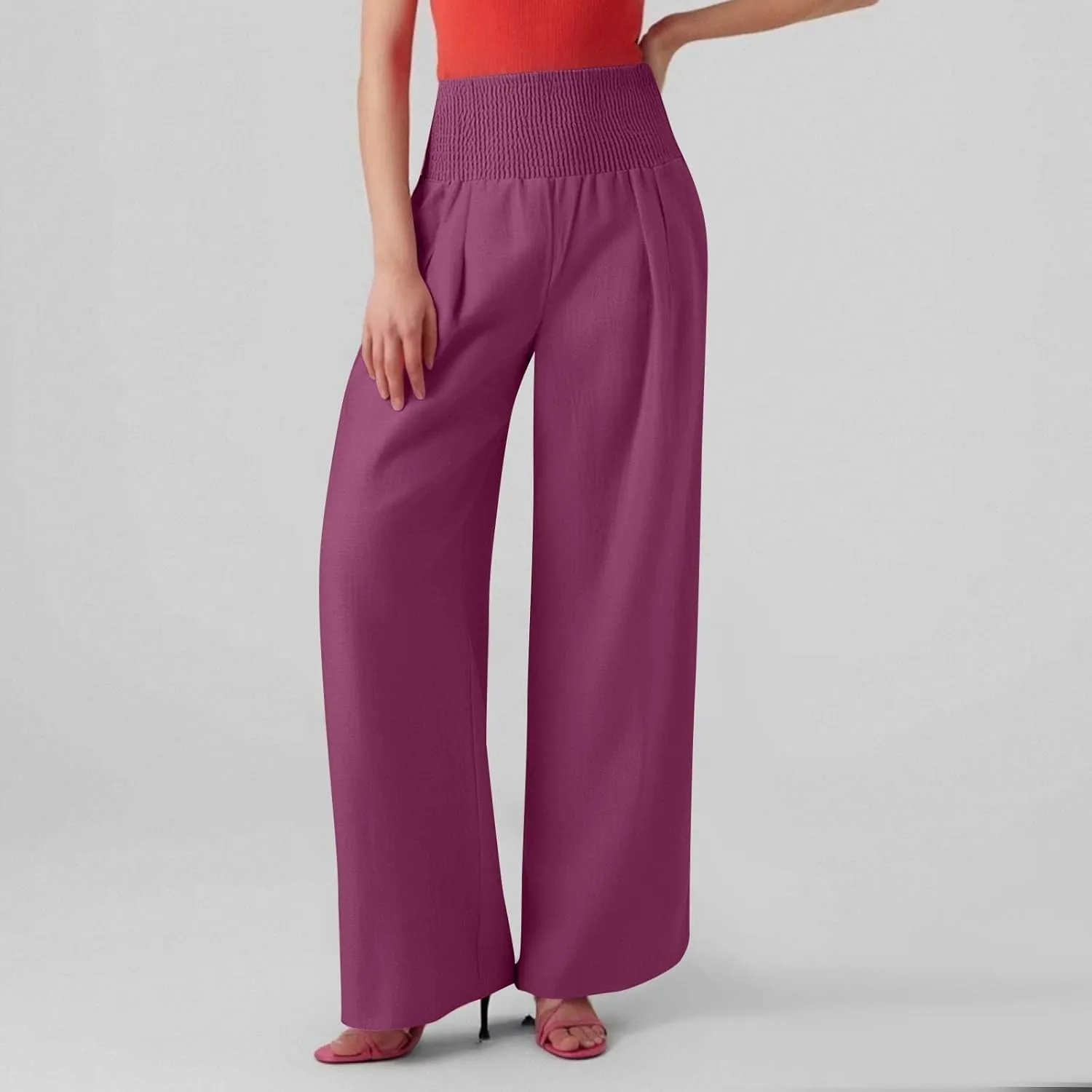 Linen Beach Pants Women Summer High Waist Palazzo Pants Smocked Wide Leg Pant Flowy Trousers with Pockets