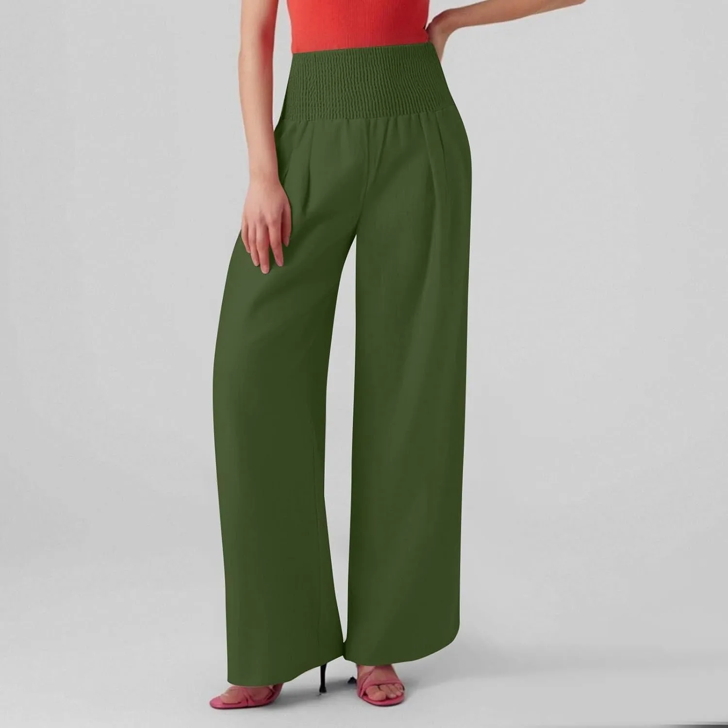 Linen Beach Pants Women Summer High Waist Palazzo Pants Smocked Wide Leg Pant Flowy Trousers with Pockets