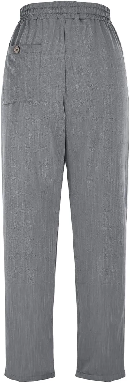 Linen Capri Pants for Women Casual Summer Elastic Waist Tapered Straight Leg Pants Cropped Beach Trousers with Pockets