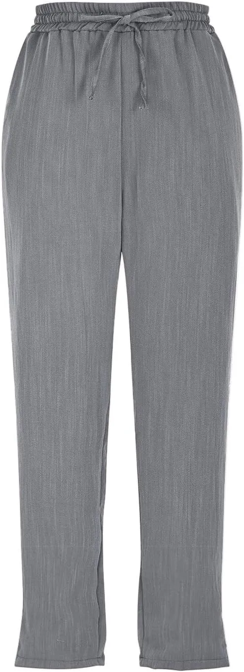 Linen Capri Pants for Women Casual Summer Elastic Waist Tapered Straight Leg Pants Cropped Beach Trousers with Pockets