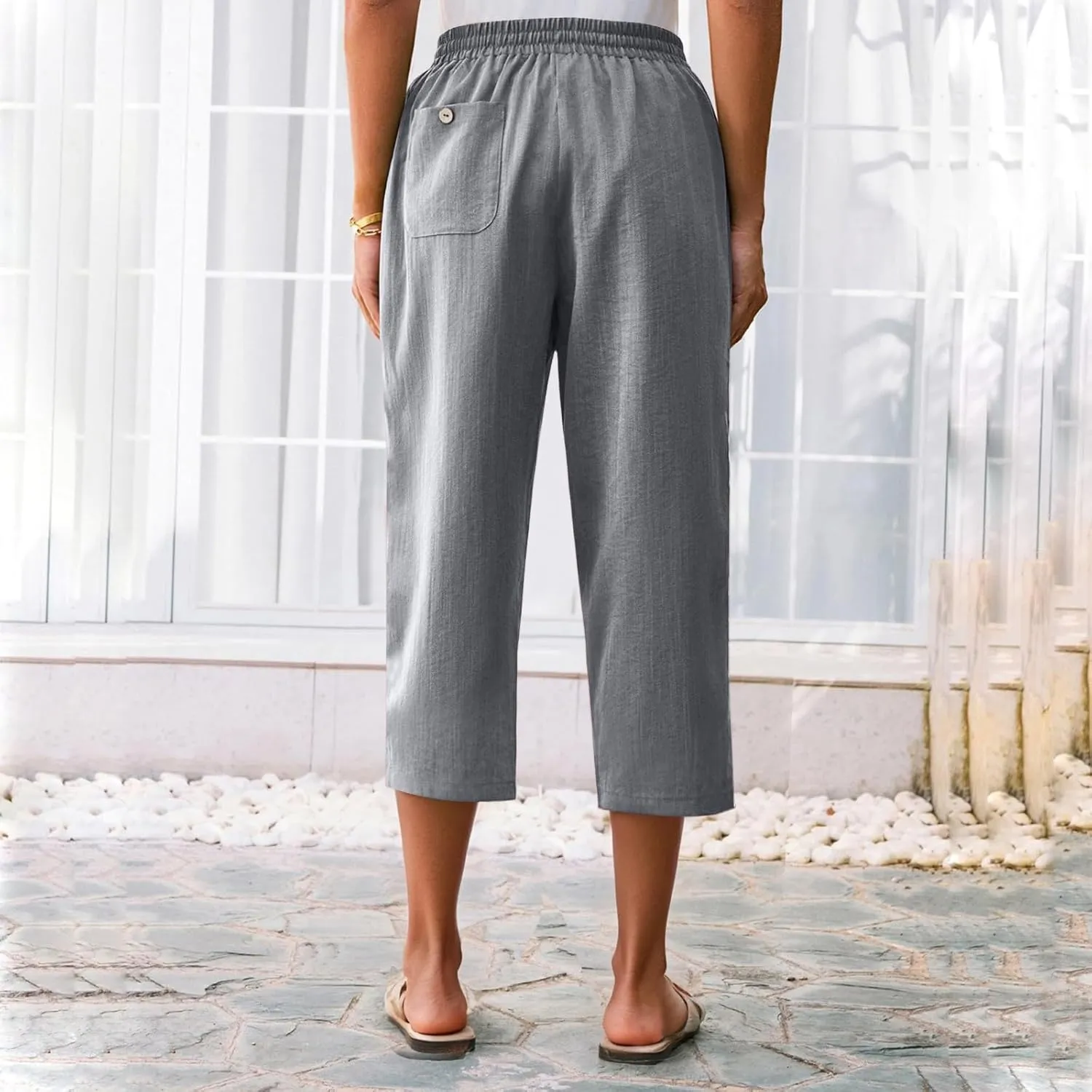 Linen Capri Pants for Women Casual Summer Elastic Waist Tapered Straight Leg Pants Cropped Beach Trousers with Pockets