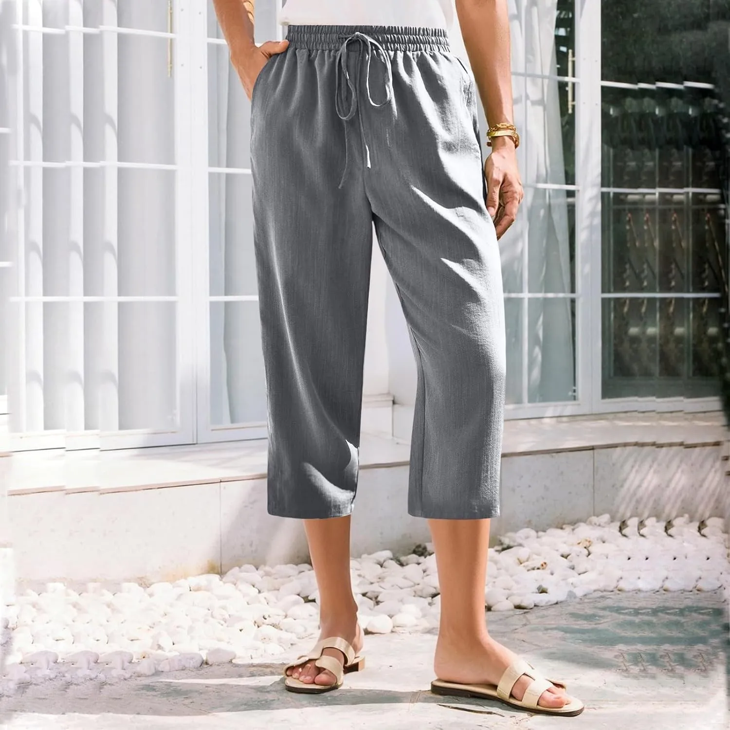 Linen Capri Pants for Women Casual Summer Elastic Waist Tapered Straight Leg Pants Cropped Beach Trousers with Pockets