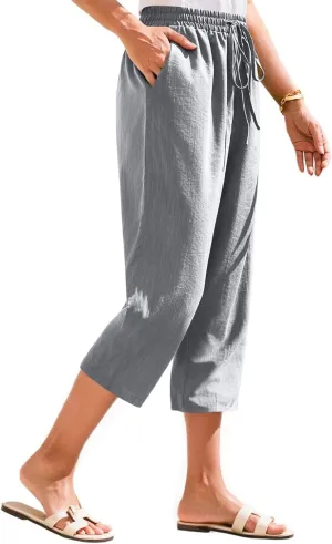 Linen Capri Pants for Women Casual Summer Elastic Waist Tapered Straight Leg Pants Cropped Beach Trousers with Pockets