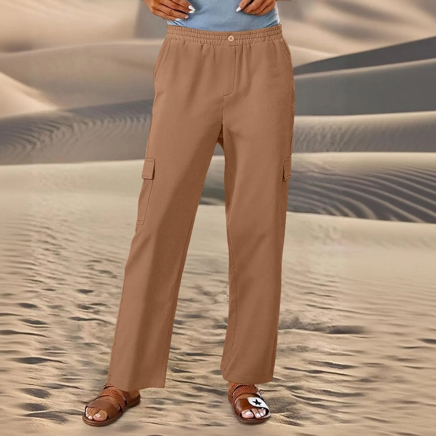 Linen Cargo Pants Women Beach Flowy Wide Leg Pants Casual Summer Elastic High Waisted Cargo Pants with Pockets