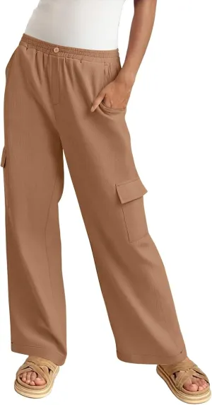 Linen Cargo Pants Women Beach Flowy Wide Leg Pants Casual Summer Elastic High Waisted Cargo Pants with Pockets