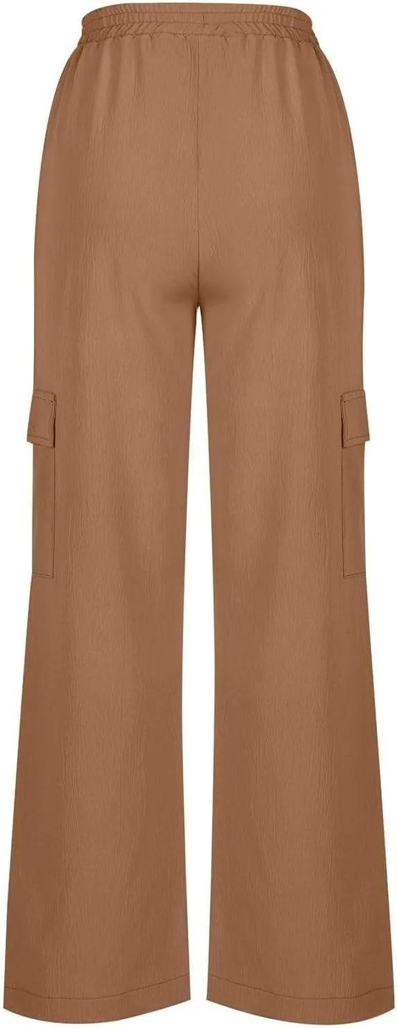 Linen Cargo Pants Women Beach Flowy Wide Leg Pants Casual Summer Elastic High Waisted Cargo Pants with Pockets