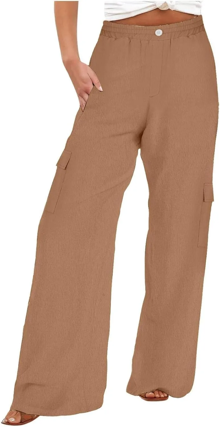 Linen Cargo Pants Women Beach Flowy Wide Leg Pants Casual Summer Elastic High Waisted Cargo Pants with Pockets