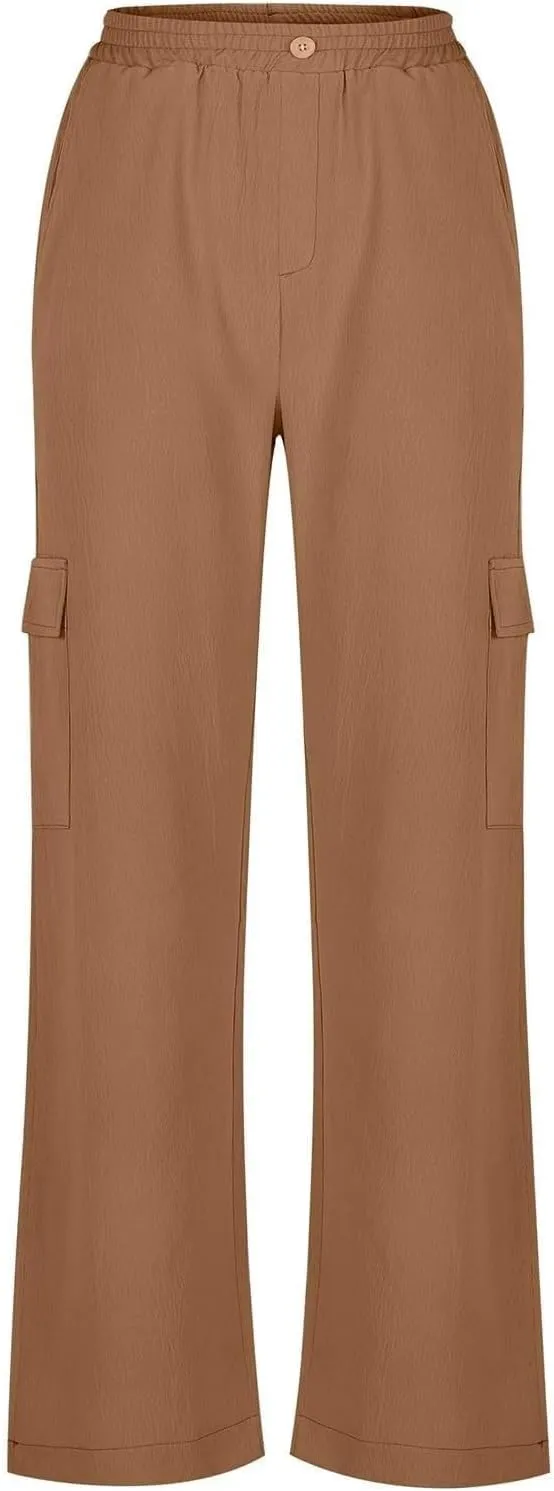 Linen Cargo Pants Women Beach Flowy Wide Leg Pants Casual Summer Elastic High Waisted Cargo Pants with Pockets
