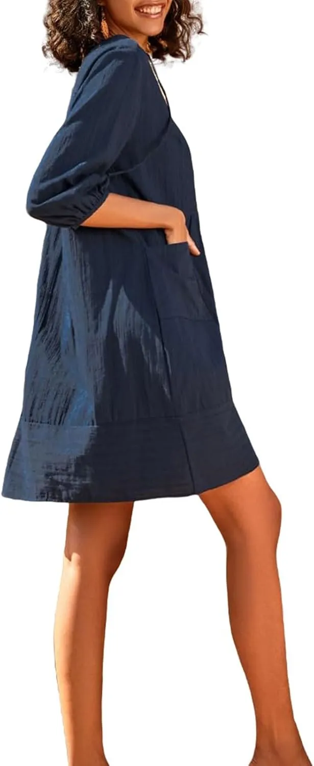 Linen Dress for Women 2025 Summer Casual 3/4 Sleeve Dress Shift Midi Dresses Beach Vacation Dresses with Pockets