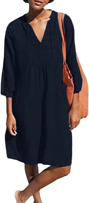 Linen Dress for Women 2025 Summer Casual 3/4 Sleeve Dress Shift Midi Dresses Beach Vacation Dresses with Pockets