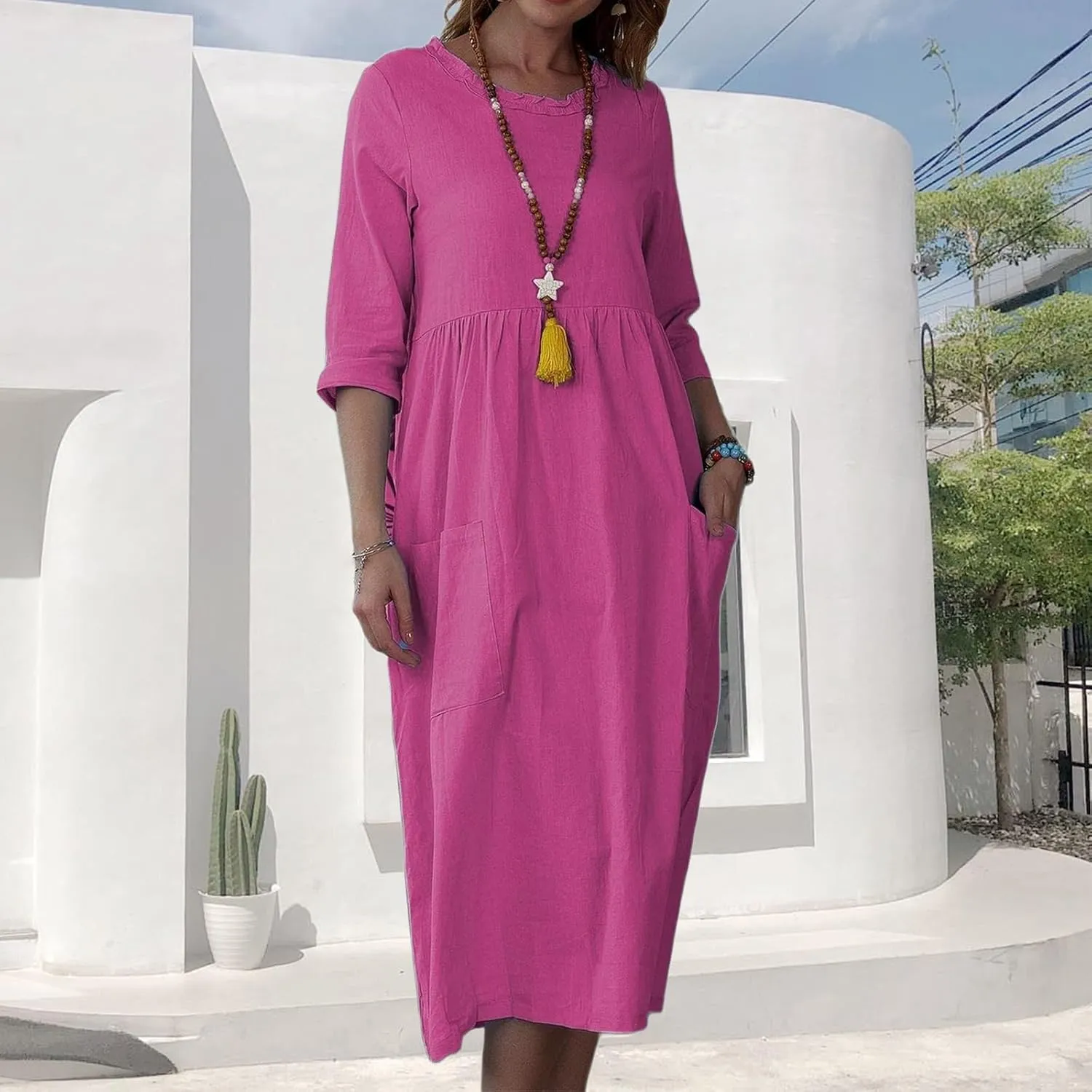 Linen Dresses for Women 2025 Crewneck 3/4 Sleeve Midi Dress Loose Shift Dress Casual Summer Dresses with Pockets