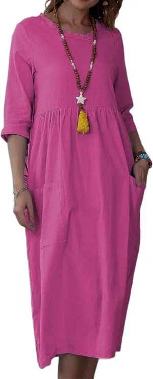 Linen Dresses for Women 2025 Crewneck 3/4 Sleeve Midi Dress Loose Shift Dress Casual Summer Dresses with Pockets