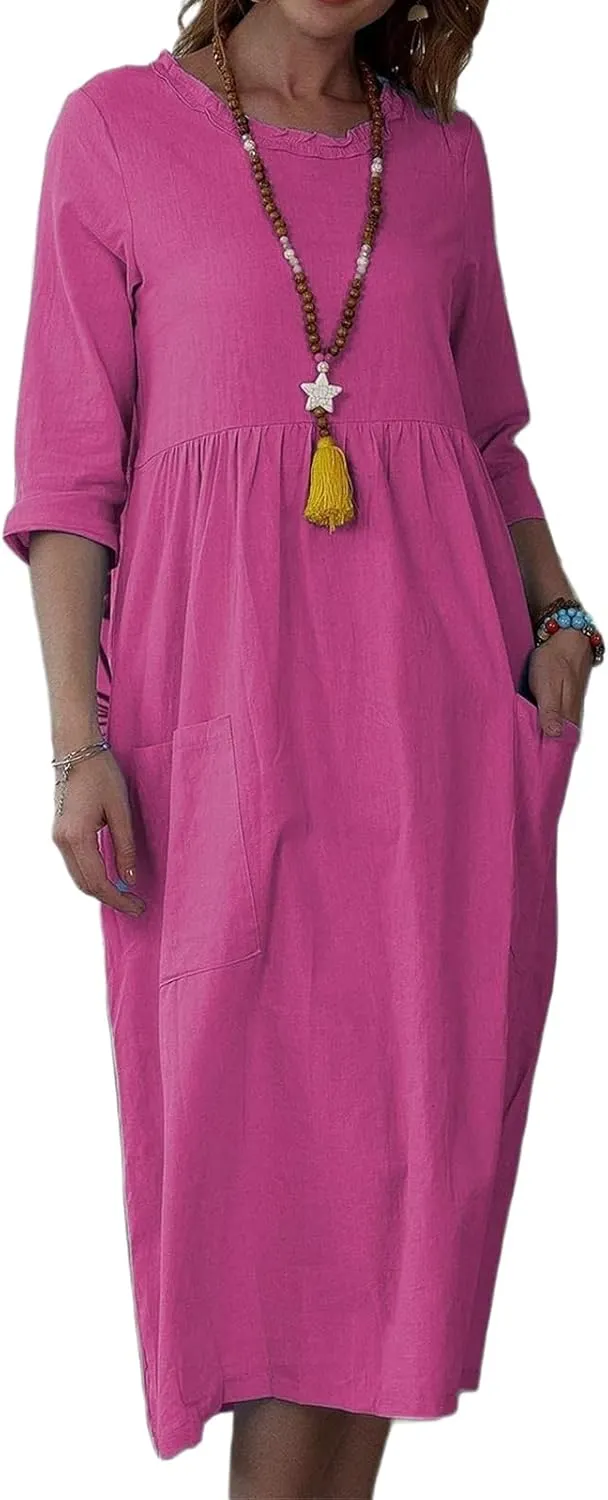 Linen Dresses for Women 2025 Crewneck 3/4 Sleeve Midi Dress Loose Shift Dress Casual Summer Dresses with Pockets