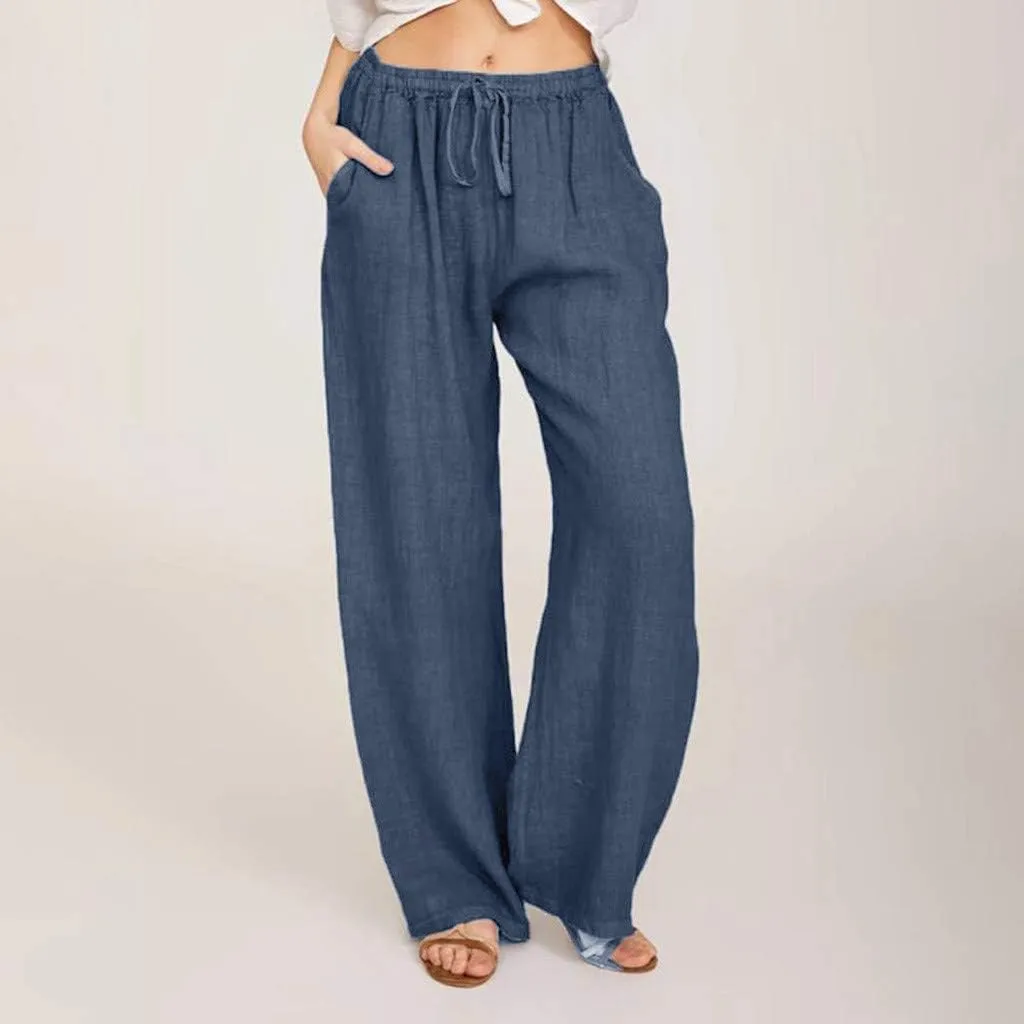 Linen Palazzo Pants for Women 2024 Casual Wide Leg Summer Lounge Pant Elastic Waist Drawstring Beach Vacation Trouser