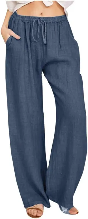 Linen Palazzo Pants for Women 2024 Casual Wide Leg Summer Lounge Pant Elastic Waist Drawstring Beach Vacation Trouser