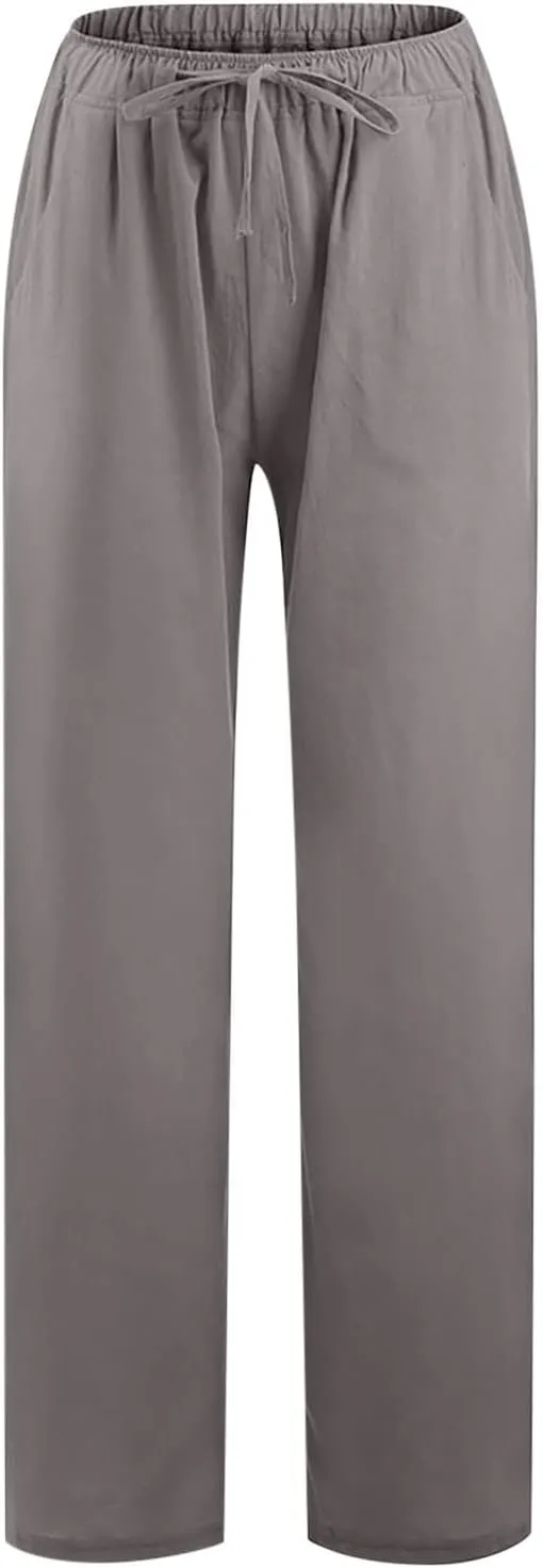 Linen Palazzo Pants for Women 2024 Casual Wide Leg Summer Lounge Pant Elastic Waist Drawstring Beach Vacation Trouser