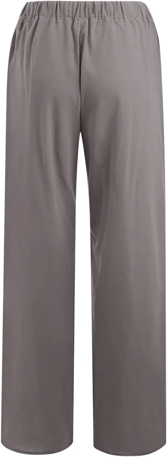 Linen Palazzo Pants for Women 2024 Casual Wide Leg Summer Lounge Pant Elastic Waist Drawstring Beach Vacation Trouser