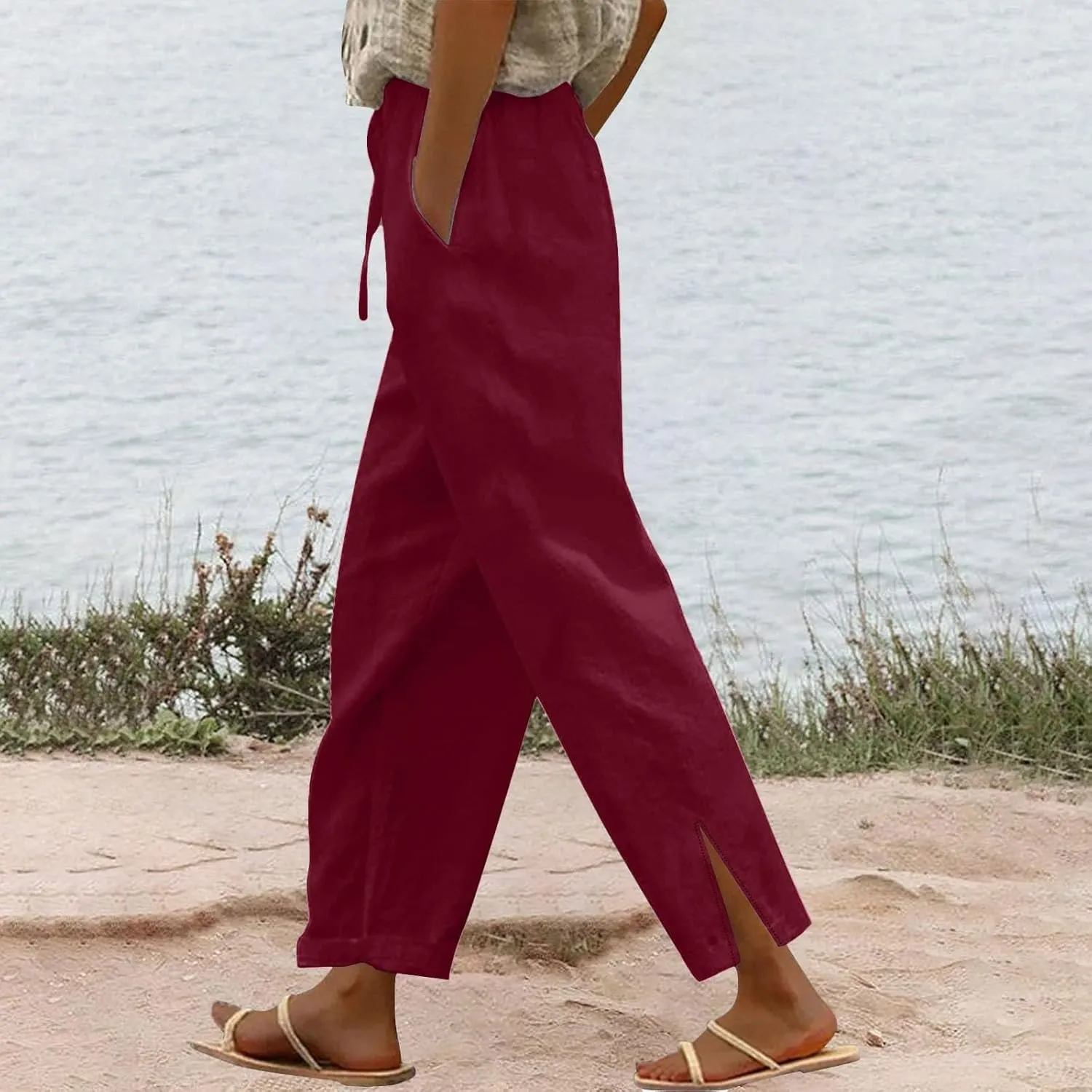 Linen Pants for Women 2025 Summer Casual Lightweight Drawstring Elastic Waist Pants Straight Leg Lounge Trousers