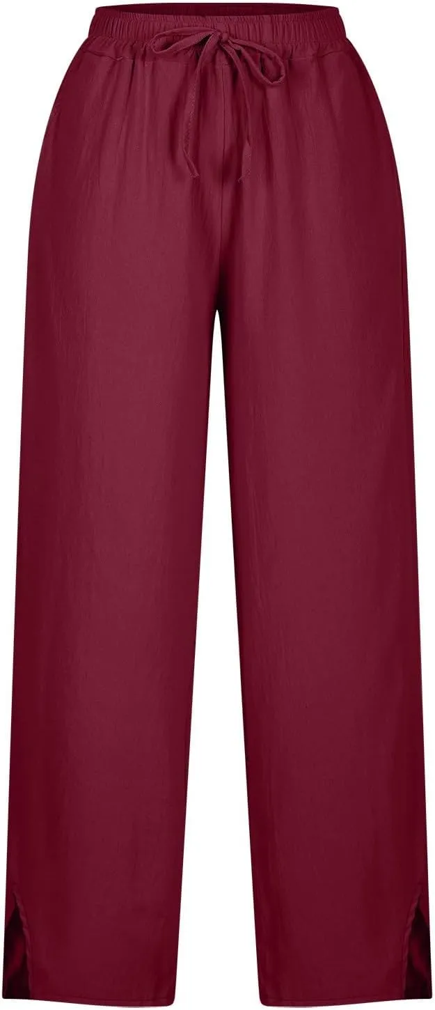 Linen Pants for Women 2025 Summer Casual Lightweight Drawstring Elastic Waist Pants Straight Leg Lounge Trousers