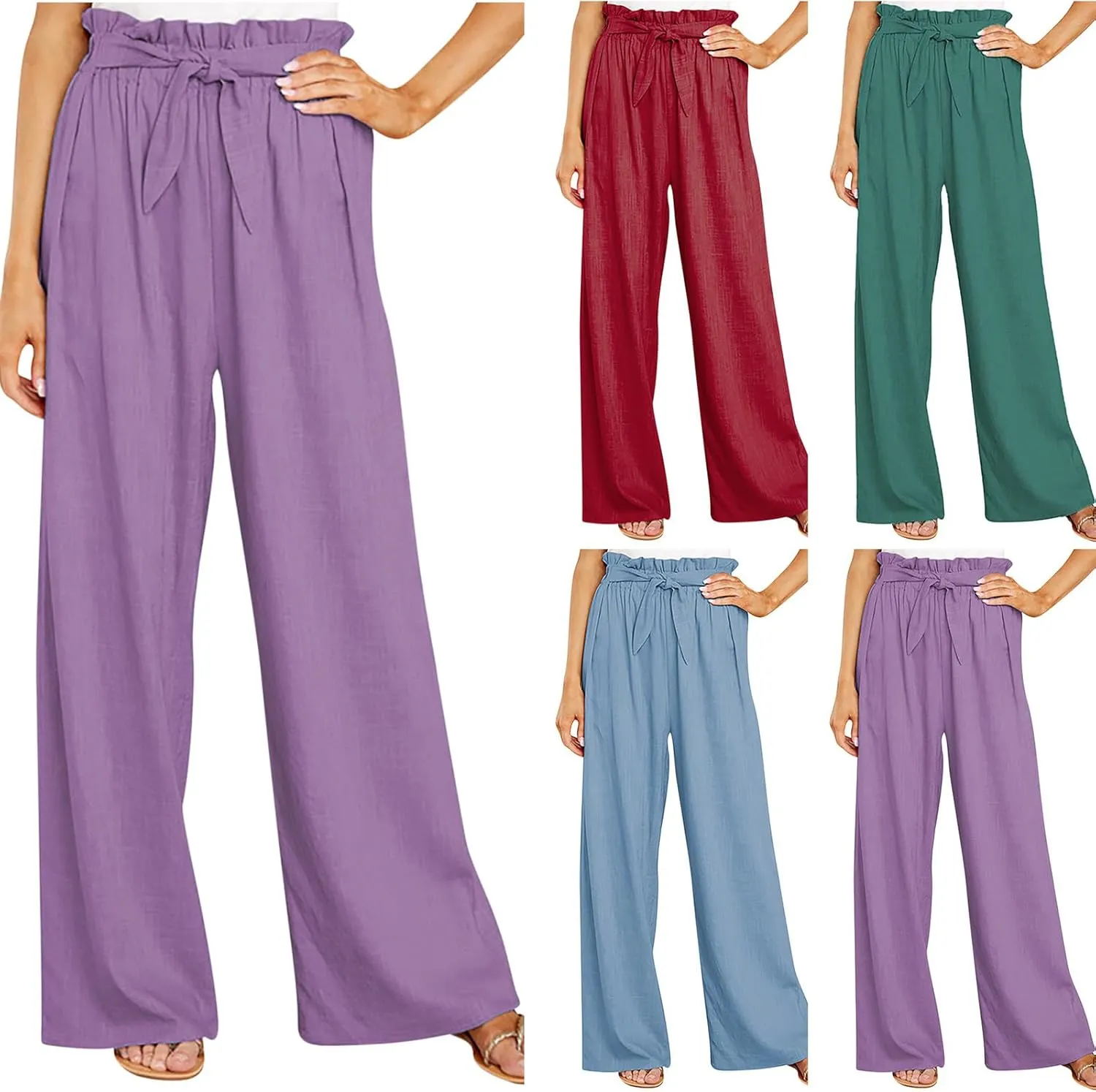 Linen Pants for Women 2025 Summer Elastic High Waist Wide Leg Trousers Casual Loose Flowy Lace up Beach Palazzo