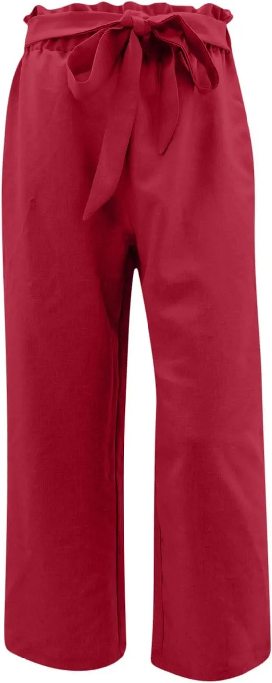 Linen Pants for Women 2025 Summer Elastic High Waist Wide Leg Trousers Casual Loose Flowy Lace up Beach Palazzo