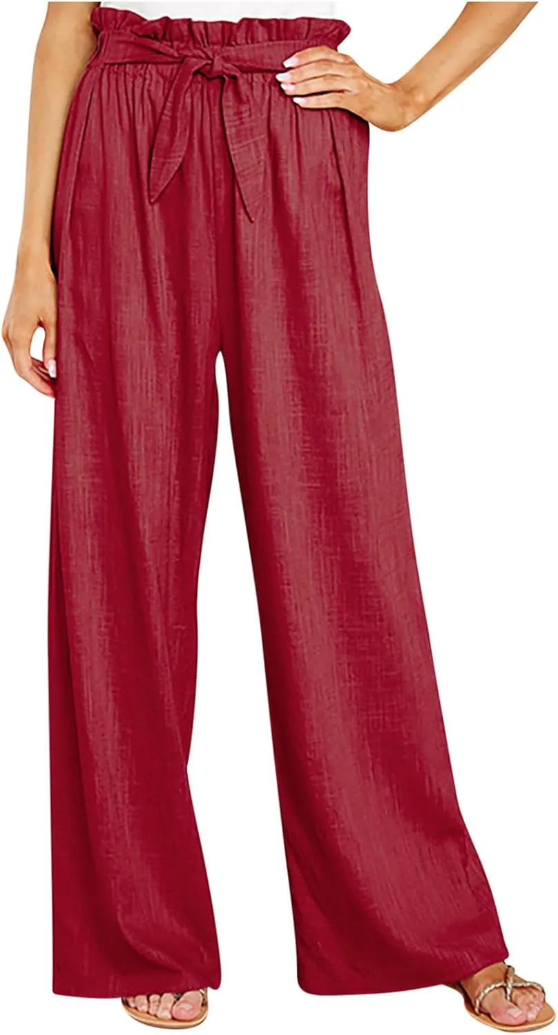 Linen Pants for Women 2025 Summer Elastic High Waist Wide Leg Trousers Casual Loose Flowy Lace up Beach Palazzo