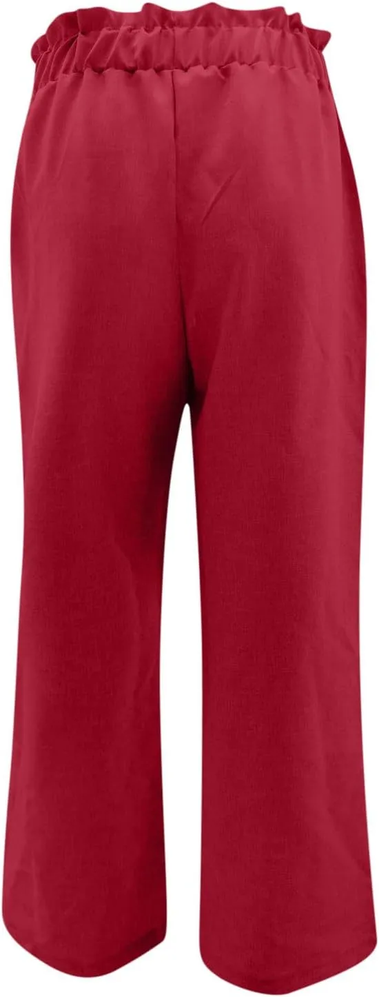 Linen Pants for Women 2025 Summer Elastic High Waist Wide Leg Trousers Casual Loose Flowy Lace up Beach Palazzo