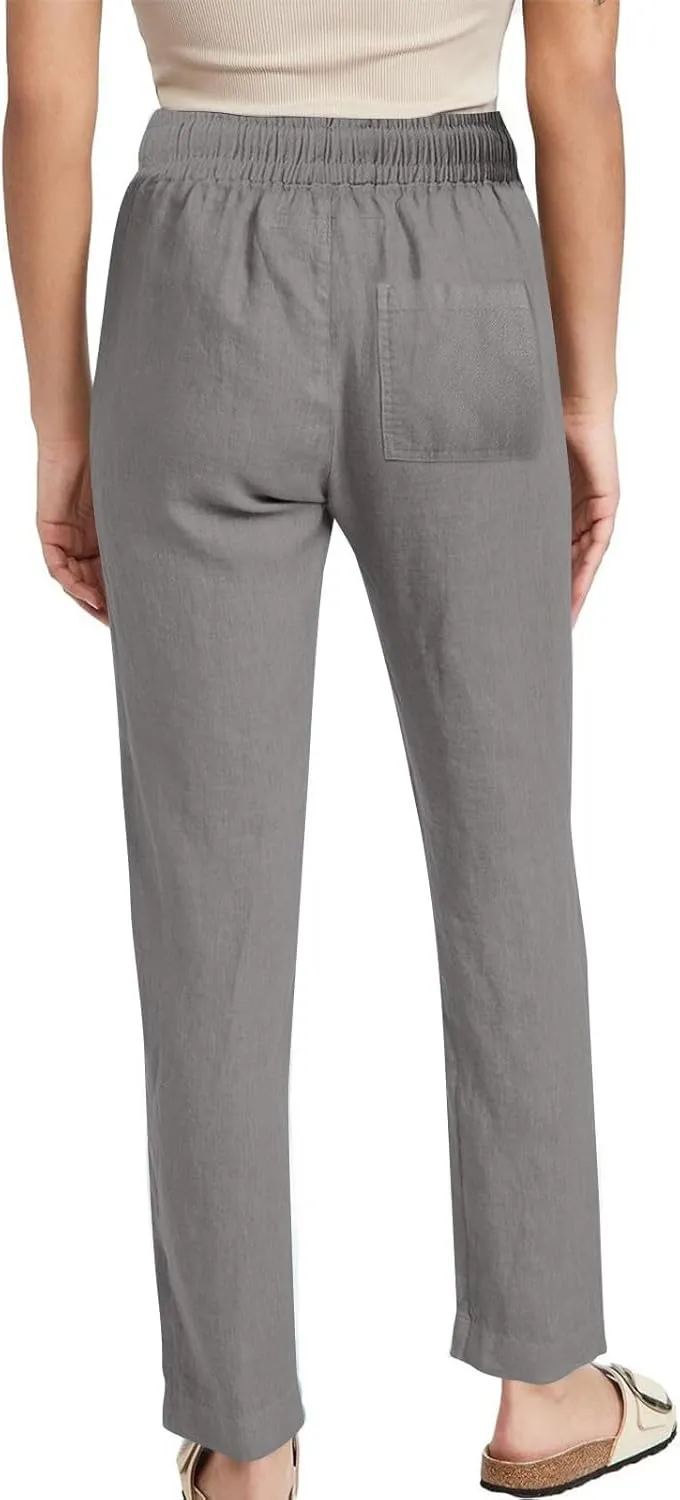 Linen Pants for Women Summer 2025 Drawstring Elastic Waist Pants High Waisted Wide Leg Pants Trousers with Pockets