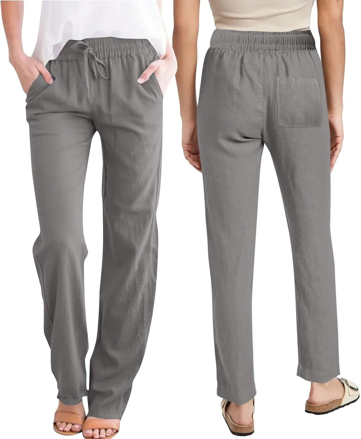 Linen Pants for Women Summer 2025 Drawstring Elastic Waist Pants High Waisted Wide Leg Pants Trousers with Pockets