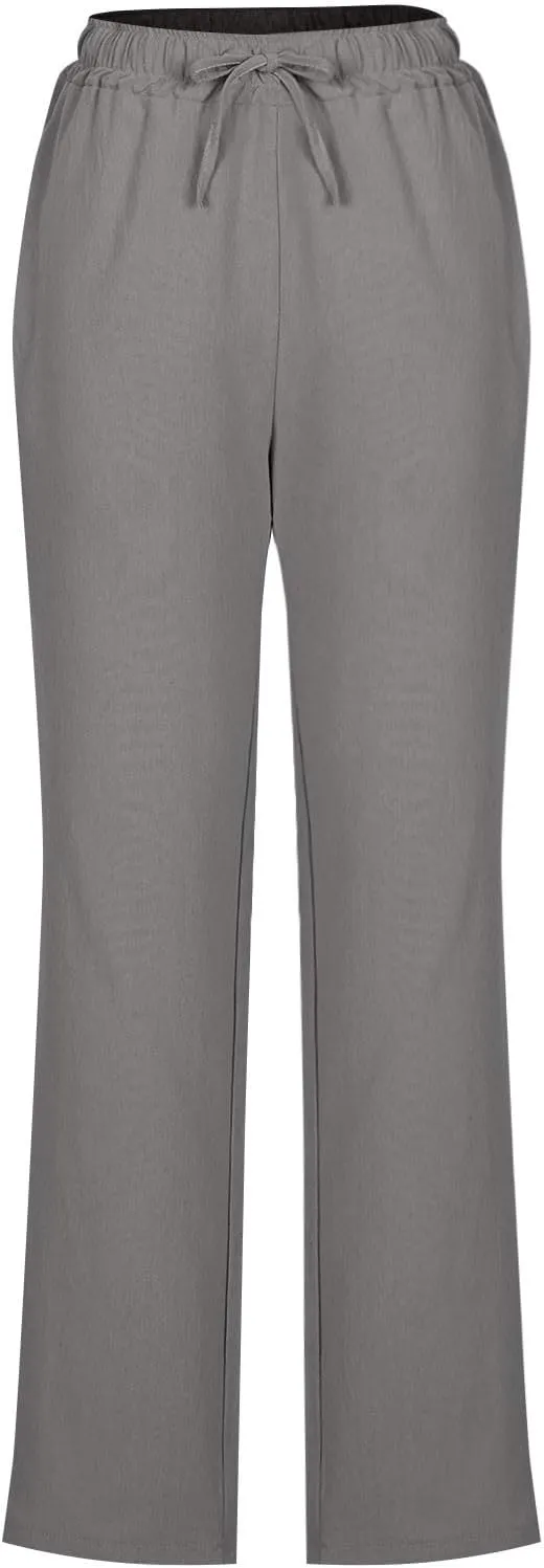Linen Pants for Women Summer 2025 Drawstring Elastic Waist Pants High Waisted Wide Leg Pants Trousers with Pockets