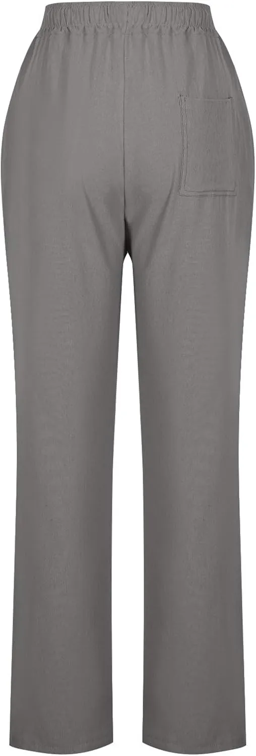 Linen Pants for Women Summer 2025 Drawstring Elastic Waist Pants High Waisted Wide Leg Pants Trousers with Pockets