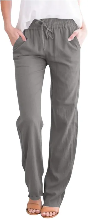 Linen Pants for Women Summer 2025 Drawstring Elastic Waist Pants High Waisted Wide Leg Pants Trousers with Pockets