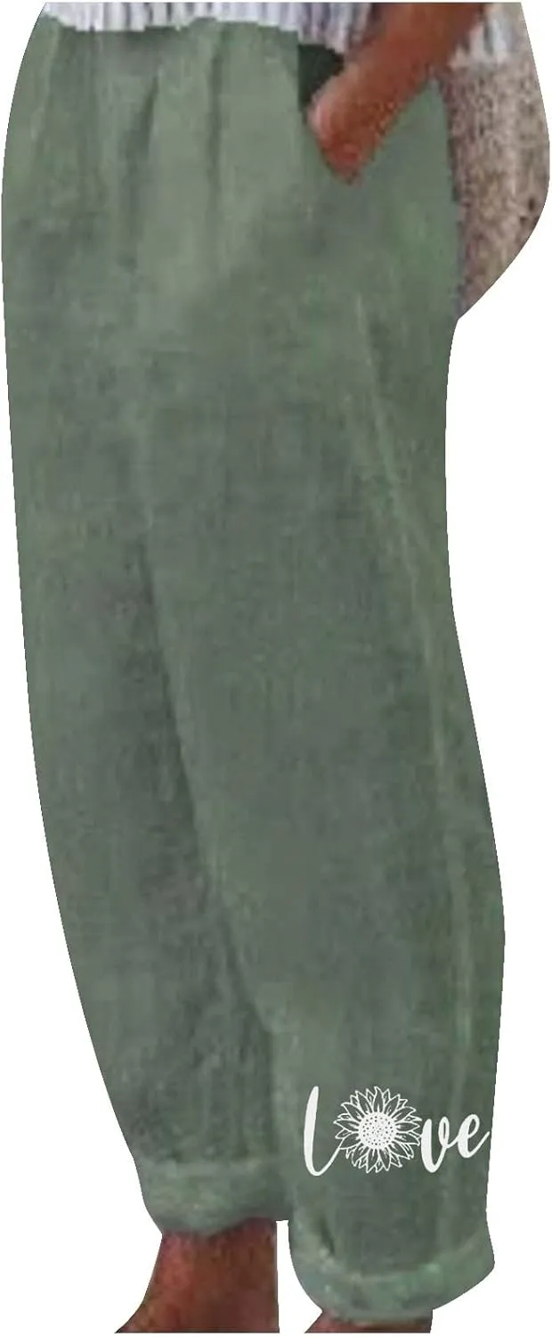 Linen Pants for Women, Summer Boho Elastic Waist Palazzo Trousers, Casual Loose Fit Travel Vacation Beach Pants
